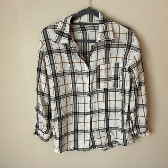 NWOT SHEIN Black White Oversized Plaid Flannel Button Down Shirt Women’s Small - Picture 2 of 6